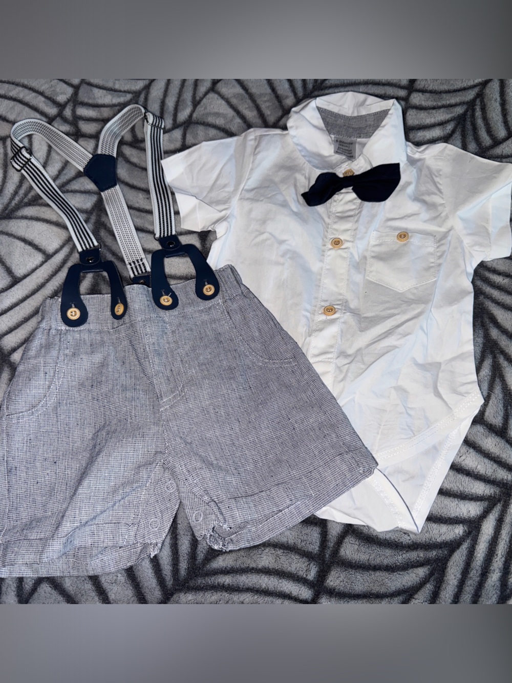 Baby 6-9 Months Dress Shorts w/ Suspenders & Navy Bow Tie Dress Outfit